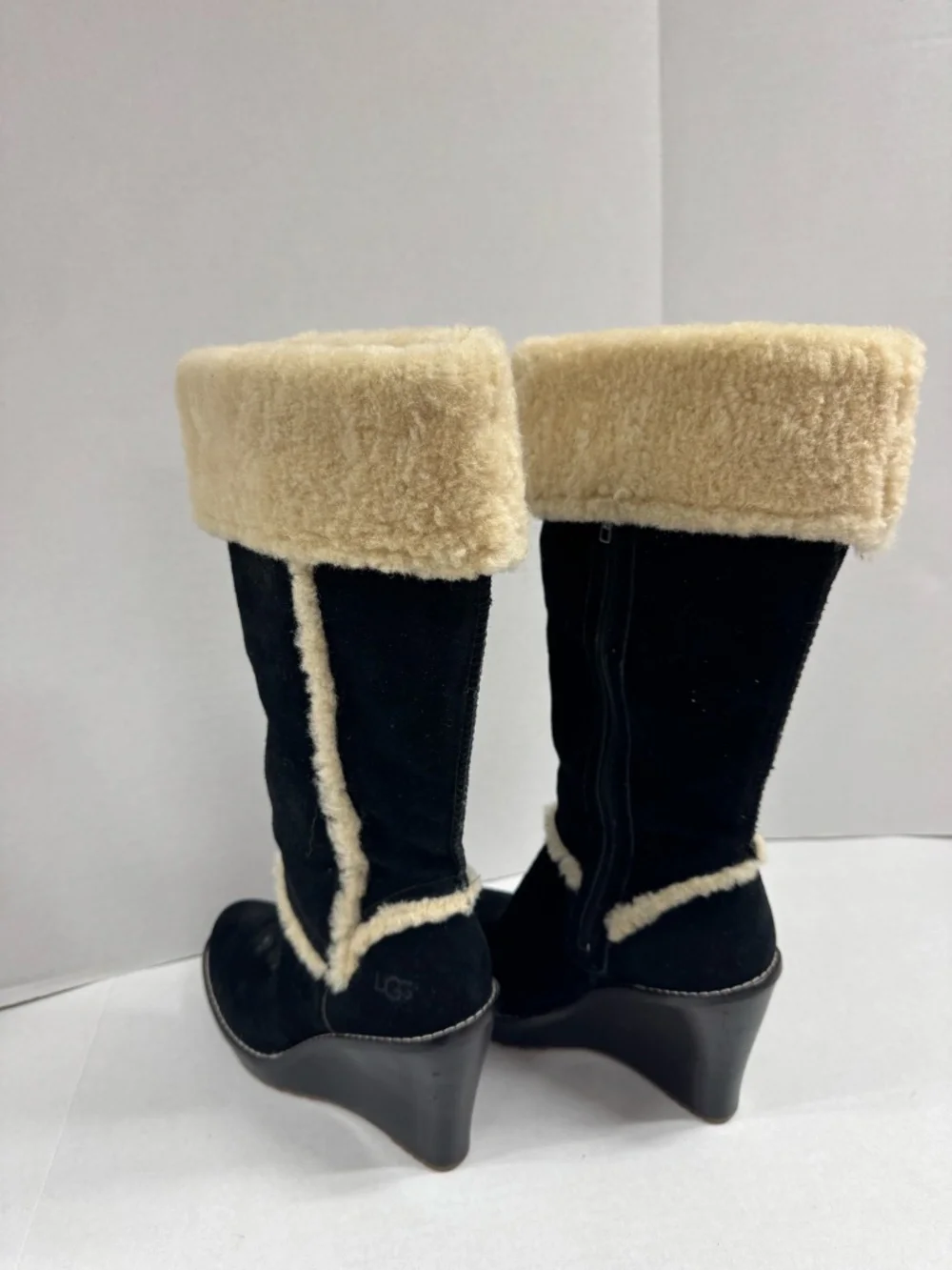 UGG Aubrie Wedge Shearling Knee Boot‎ in Black - Size 7.5.
